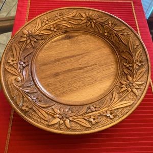 Carved Wood Pedestal Plate with Music Box - Vintage